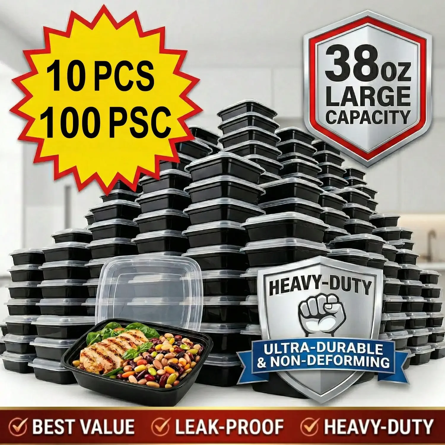 Meal Prep Kitchen - 10/100 unidades de recipientes rectangulares negros